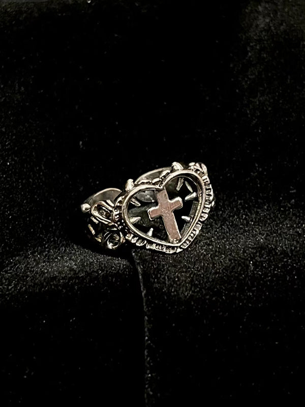 Y2K gothic jewelry rings for women with oxidized steel and monastery cross motifs