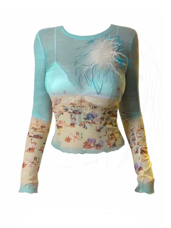 Y2K translucent long sleeve crop top with extended glowing sleeves and cyber-punk mesh panels