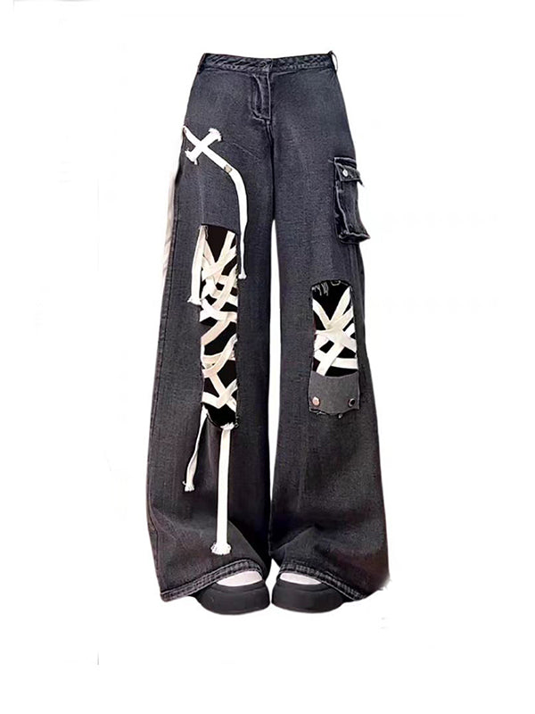 Y2K bandage patch pants with 00s distressed details and punk stitching
