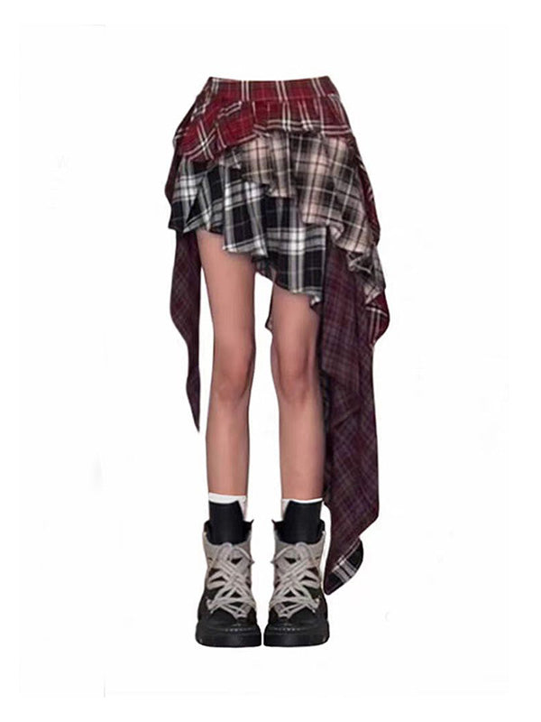 Y2K plaid patchwork skirt with retro accessories and streetwear styling
