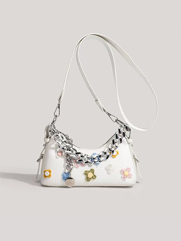 Y2K Colorful Flower Chain Messenger Bag with neon floral accents and retro leather texture