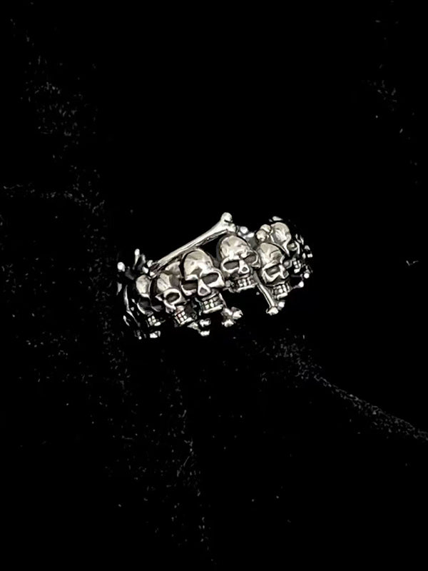 Y2K til death skull rings for men with oxidized steel bones and crossbone details