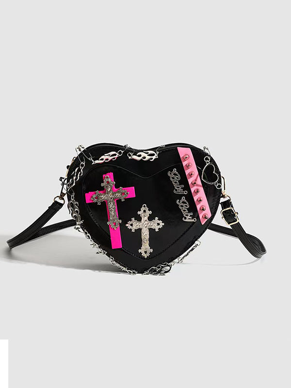 Y2K Gothic Cross Messenger Bag with distressed leather and metal chain straps