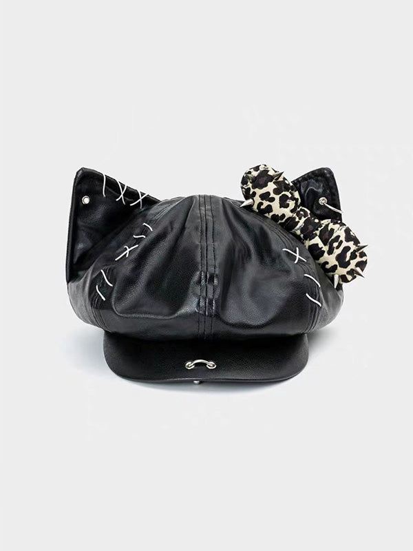 Y2K leopard print hat with glowing cat ears and holographic animal-print fabric