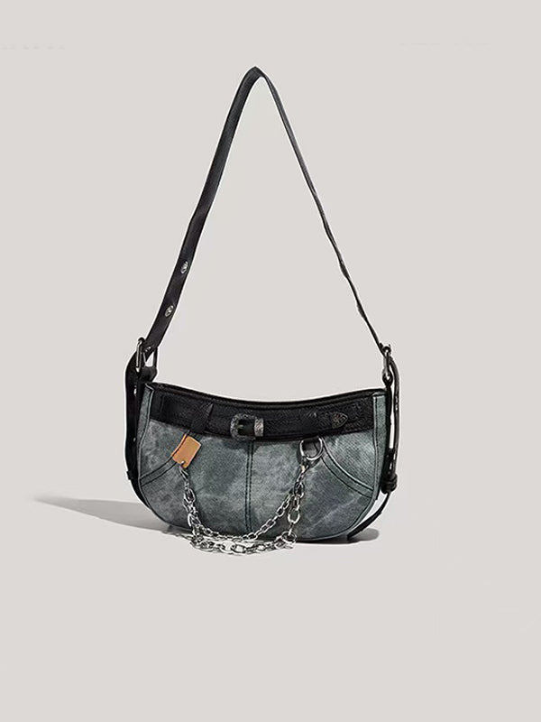 Distressed denim Y2K shoulder bag with Coach tote-inspired details