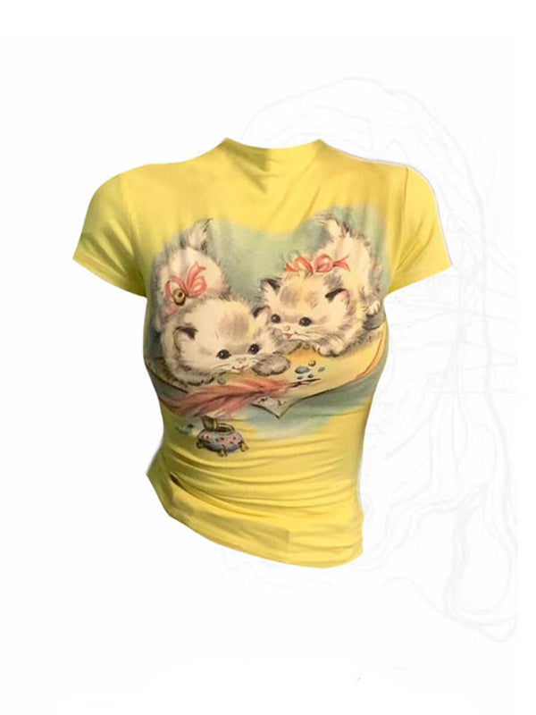 Glowing Y2K cat top with ironic meme text and holographic bow details