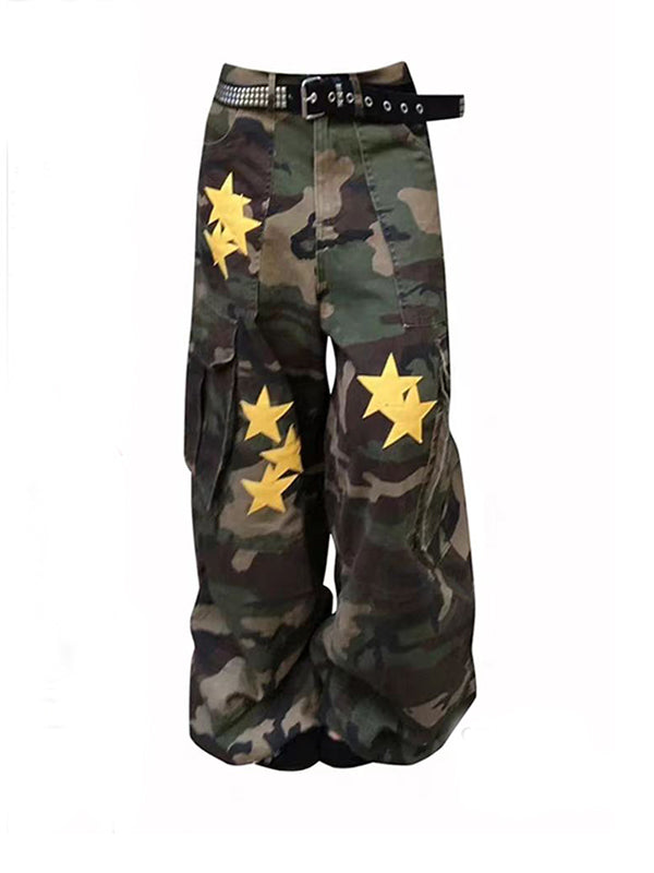 Y2K star camouflage pants with glow-in-dark detailing and retro cargo silhouette