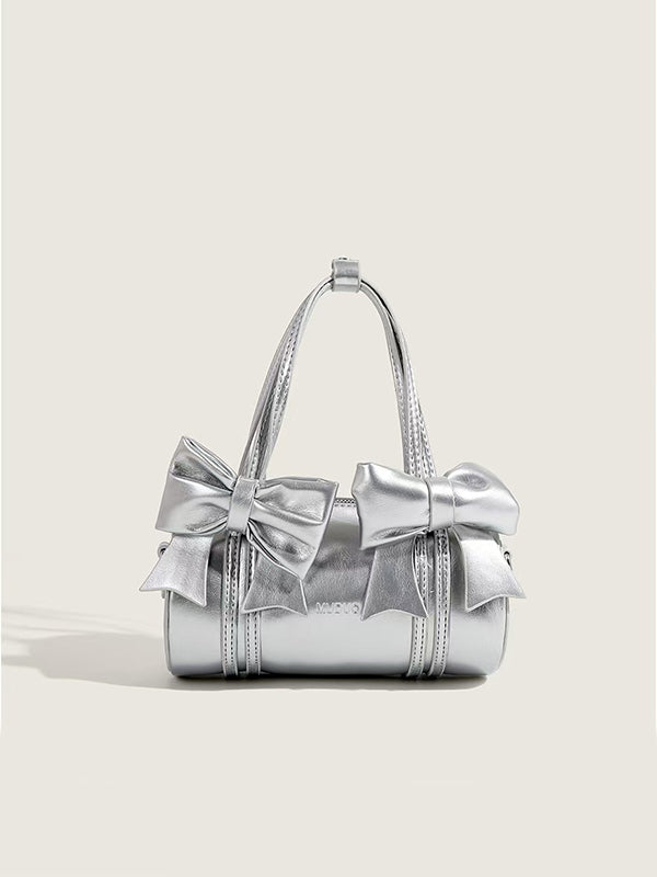 Y2K Big Bow Retro Handbag with oversized distressed leather bow and brass accents