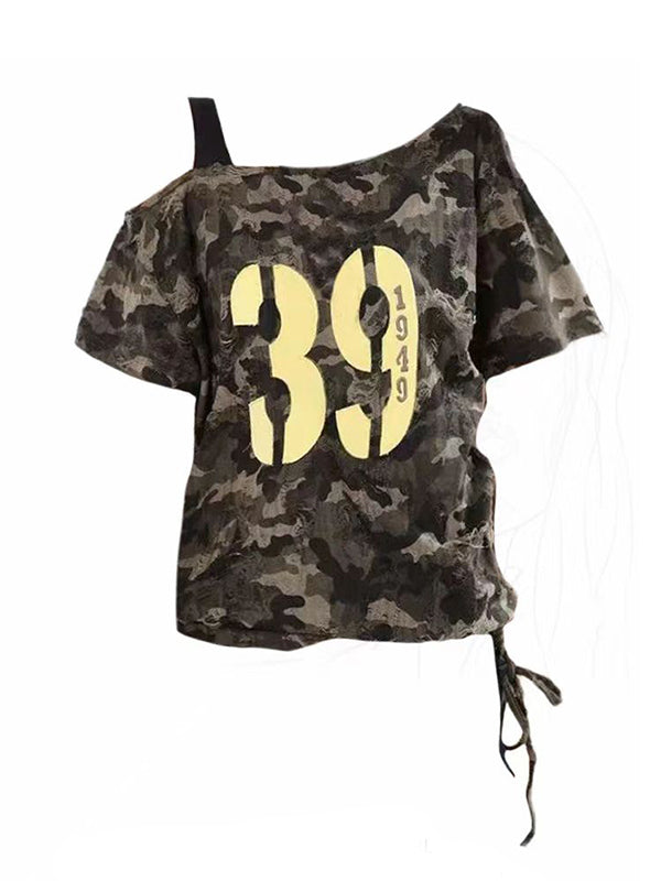 Y2K digital camouflage off-shoulder top with 90s streetwear vibes and distressed edges