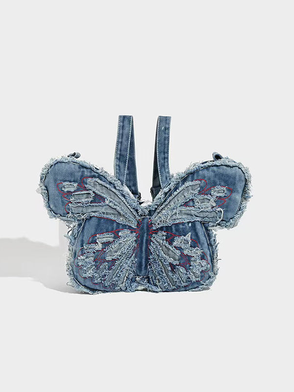 Y2K Butterfly Tassel Shoulder Bag with distressed leather and cyberpunk chain straps