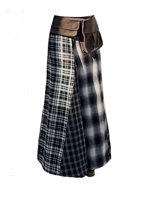 Black flowy Y2K plaid long skirt with 90s grunge boots and oxidized chain belt