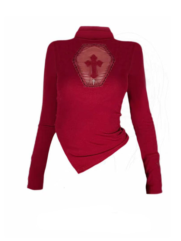 Blood-red Gothic Y2K top with torn lace sleeves and cyber cross embroidery details