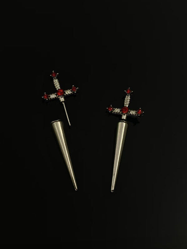 Y2K punk earrings with gothic cross swords and oxidized steel chain details