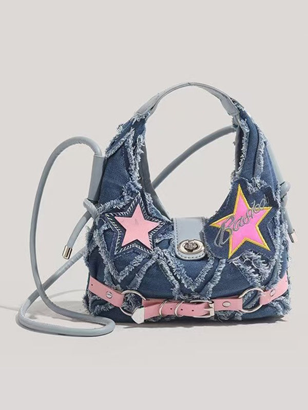 Y2K Pink Star Denim Shoulder Bag with embroidered stars, patchwork panels, and metal chain accents