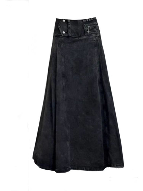 Plus size gothic denim long skirt with Y2K vintage wash and oxidized chain belt