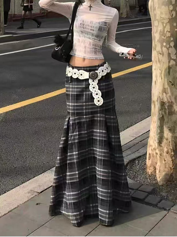 Y2K Plaid pleated long skirt