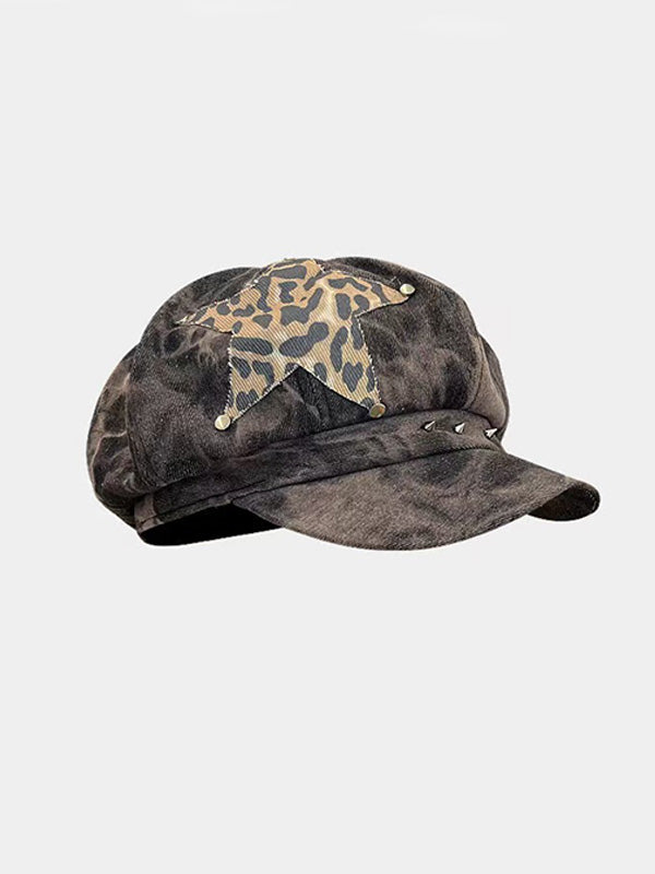 Y2K grunge hat with distressed star patches, holographic brim, and adjustable UV-reactive straps