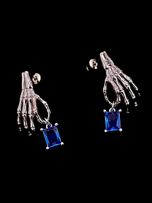 Y2K jewelry Viking skeleton hand earrings with oxidized steel chain studs and rune details