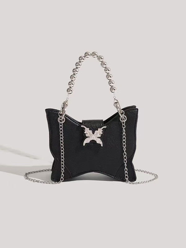 Y2K Butterfly Bead Chain Handbag with oxidized metal wings and distressed black leather panels