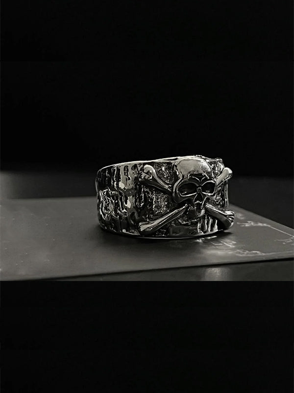 Y2K skull wedding rings for men with oxidized steel crown and bone details