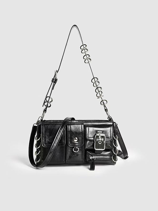 Y2K Punk Ring Handbag with metal chain straps and distressed leather texture