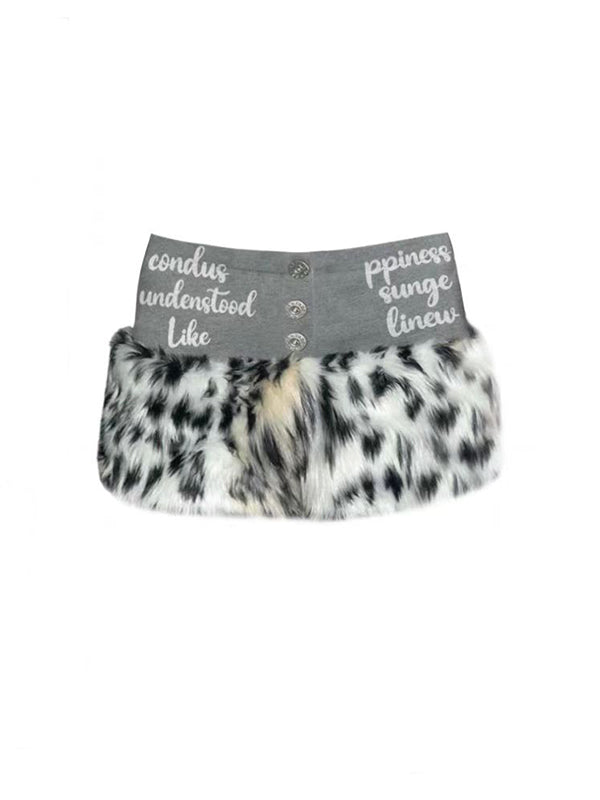 White asymmetrical Y2K mini skirt with snow leopard print and metal chain details
