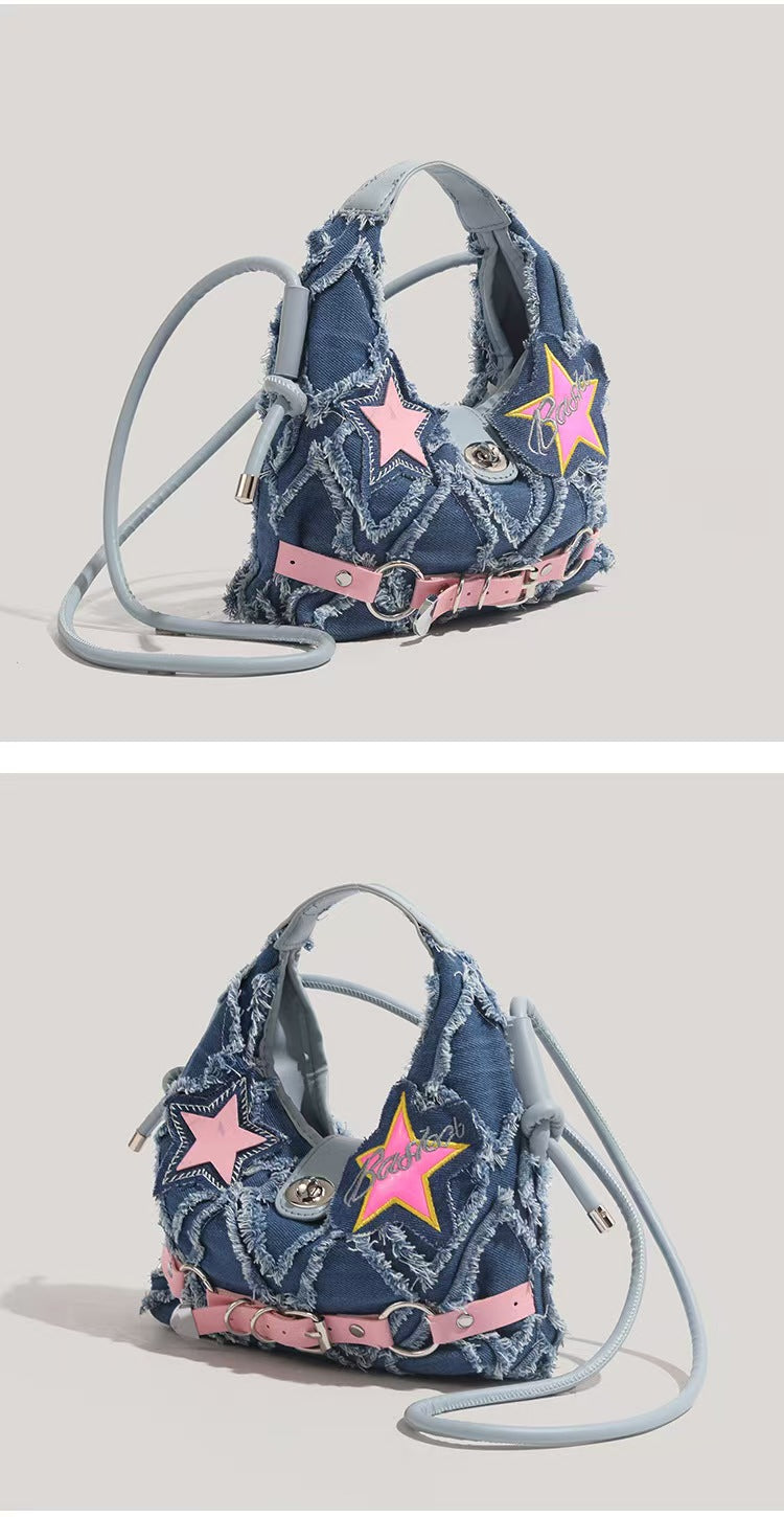 Y2K Pink star denim shoulder bag