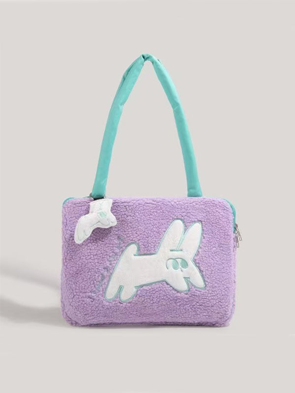 Y2K Rabbit Cartoon Pattern Handbag with distressed black leather and retro shoulder strap