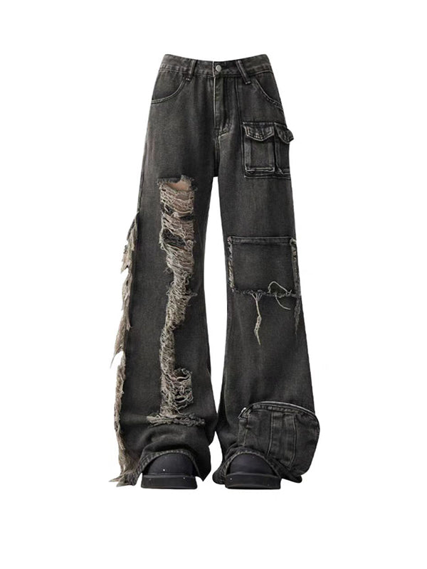 Y2K punk pants with razor-cut distressing and tactical metal rivets in streetwear styling