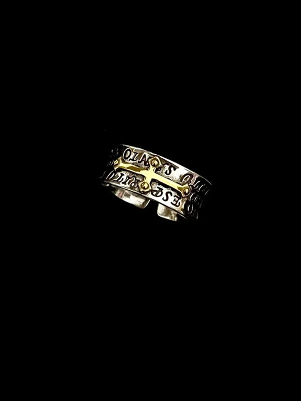 Y2K viking christian rings for men with cross, rune, and oxidized steel chain details