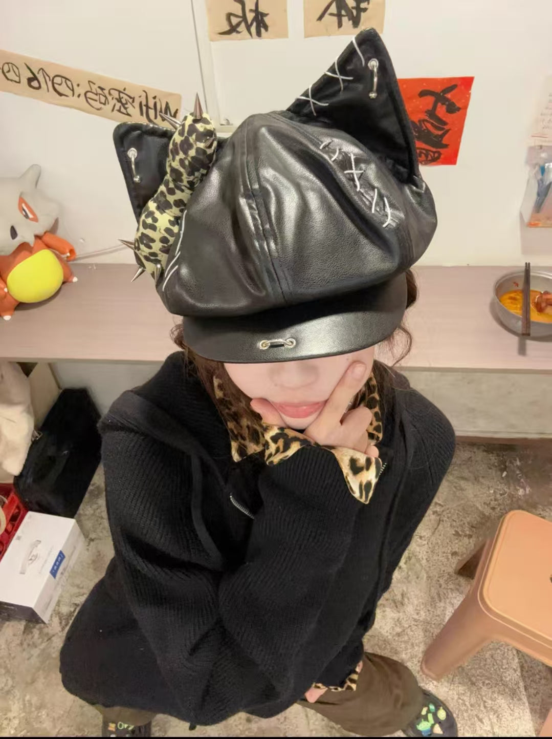 Y2K leopard print cat ear hat