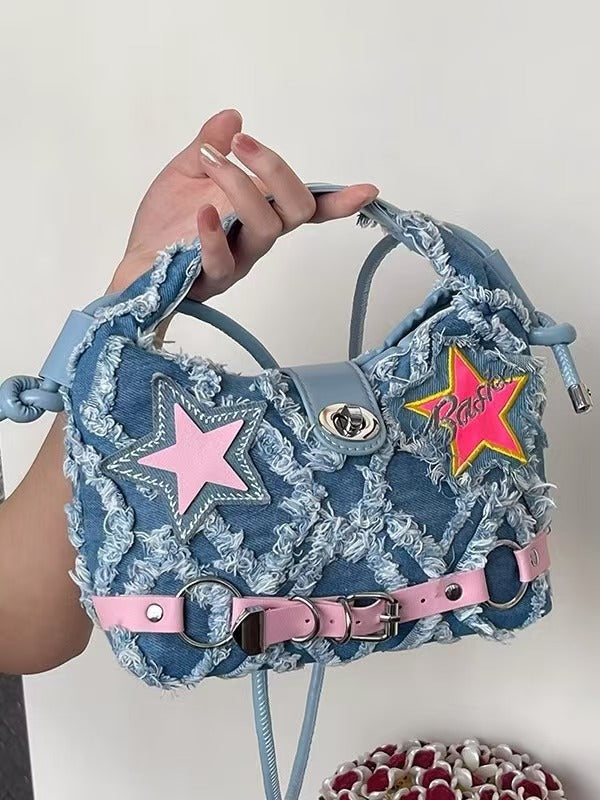 Y2K Pink star denim shoulder bag