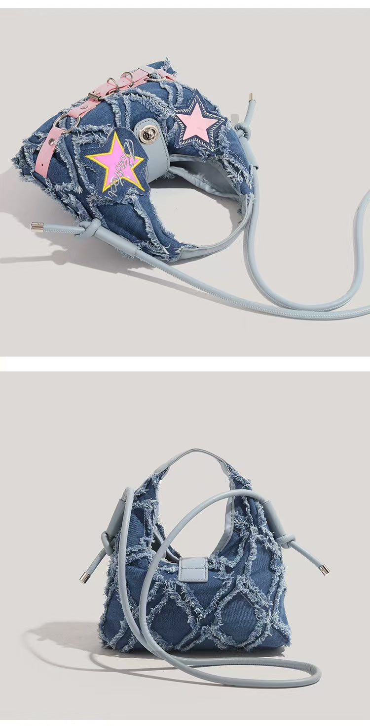 Y2K Pink star denim shoulder bag