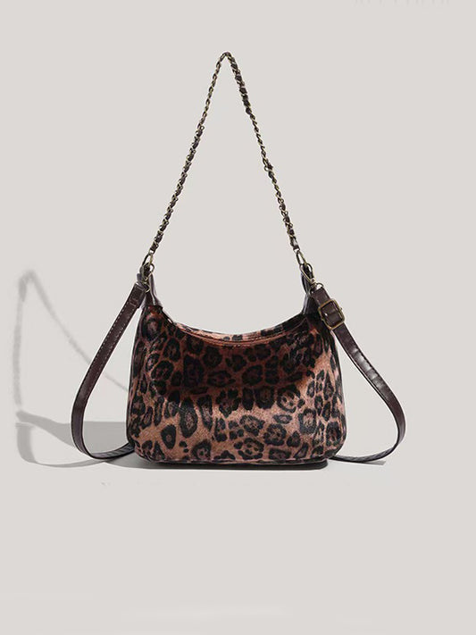 Y2K Leopard Print Shoulder Bag with oxidized chains and distressed vegan leather texture