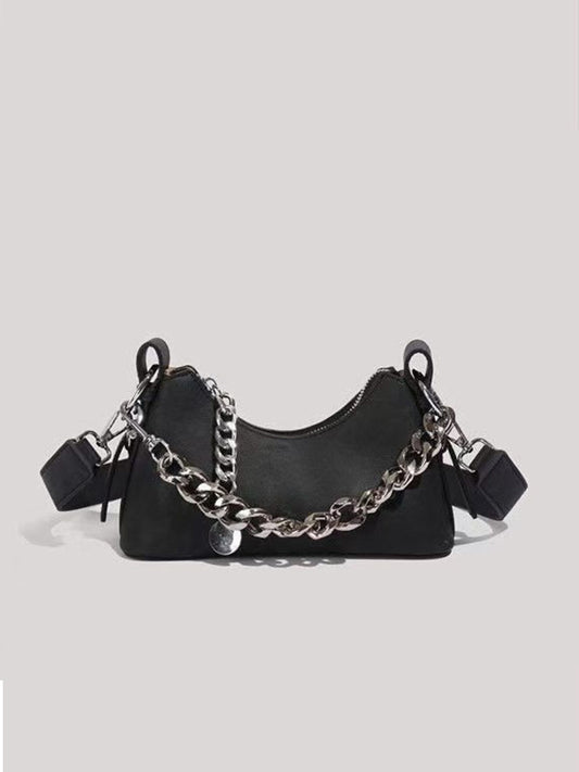 Y2K Punk Chain Handbag with oxidized metal chains and textured black leather