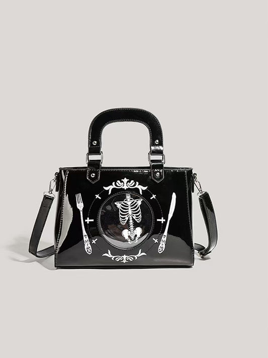 Y2K Gothic Skeleton Handbag with distressed leather, metal chains, and retro-futuristic skeleton design