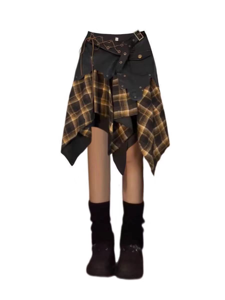 Y2K Irregular plaid patchwork skirt
