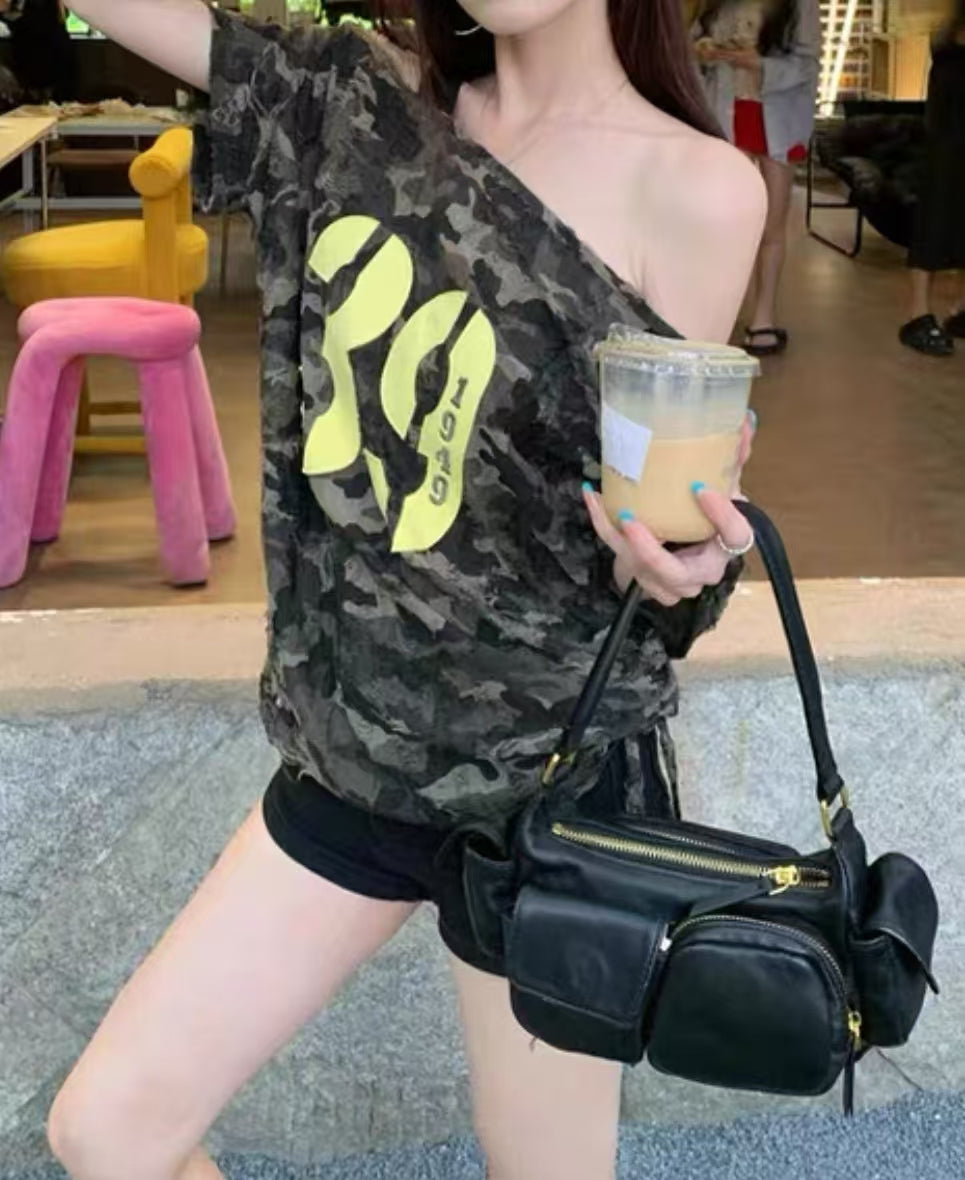 Y2K Camouflage off shoulder top
