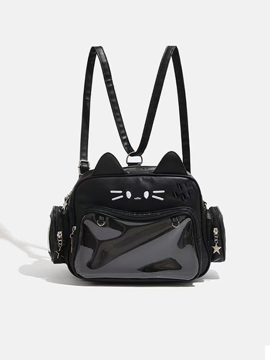 Y2K-inspired cat-shaped backpack alongside Guess bag and Baggu crescent bag