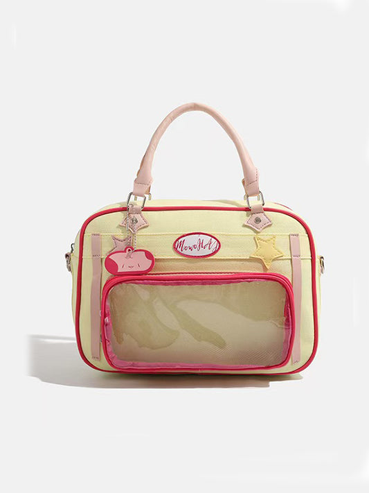 Y2K Cartoon Messenger Bag with retro embroidery on distressed brown leather