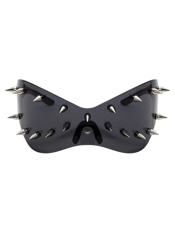 Y2K silver sunglasses with chrome spike accents and 2000s reflective lenses