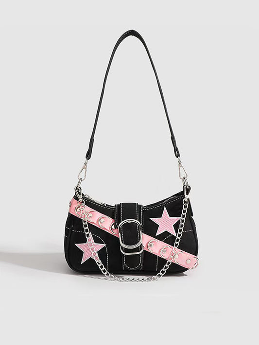 Y2K Pink Star Chain Shoulder Bag with neon star charms and retro black leather straps