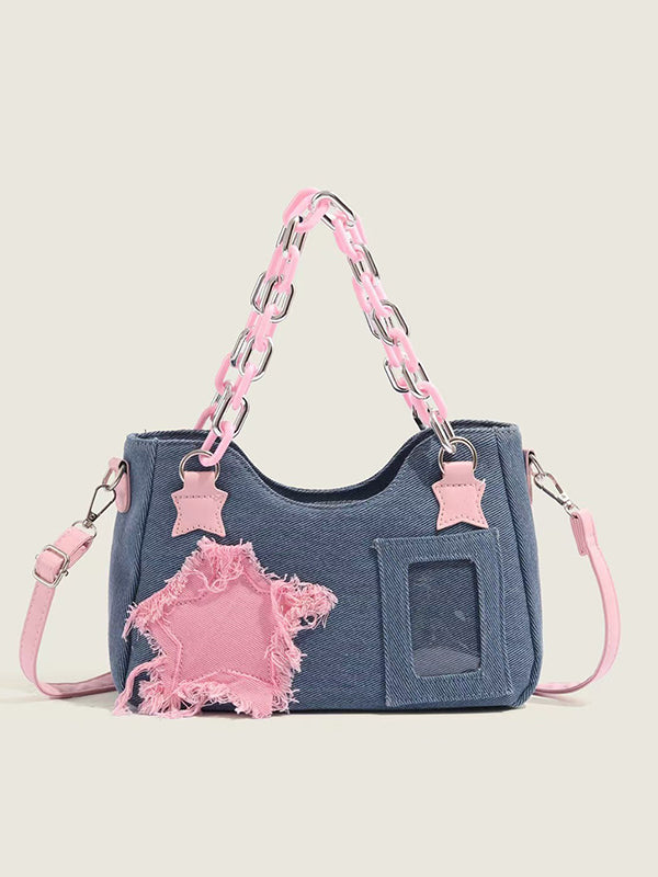 Y2K Pink Star Shoulder Bag with neon chains, holographic accents, and retro vegan leather