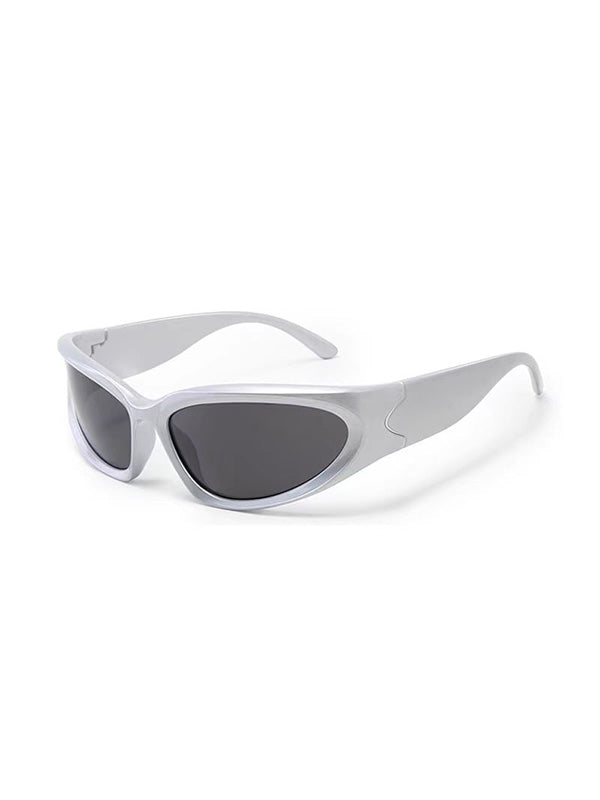 Y2K white frame sunglasses with chrome lens gradients and 90s-inspired geometric shapes