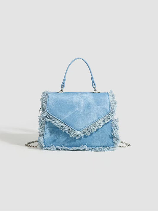 Y2K Blue Tassel Shoulder Bag in distressed denim with holographic fringe
