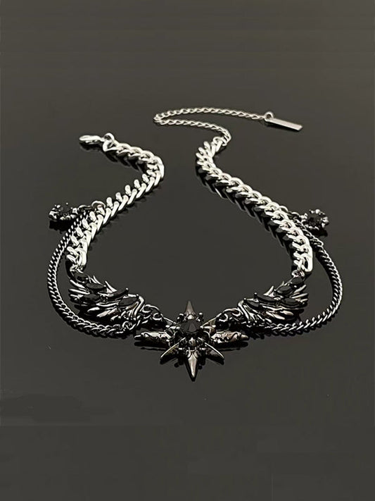 Y2K gothic necklace with Leo zodiac constellation, oxidized steel, and glowing stardust accents