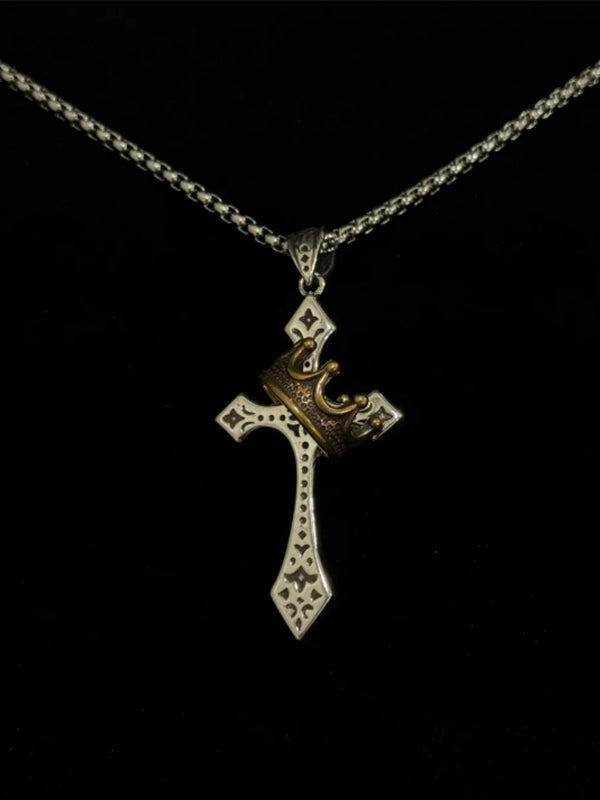 Y2K religious cross necklace with crown motifs and oxidized steel Jesus pendant