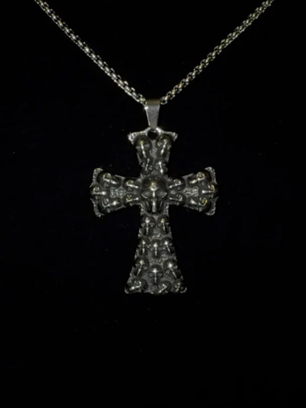 Y2K gothic cross necklace with gold skull pendant and cyberpunk chain links