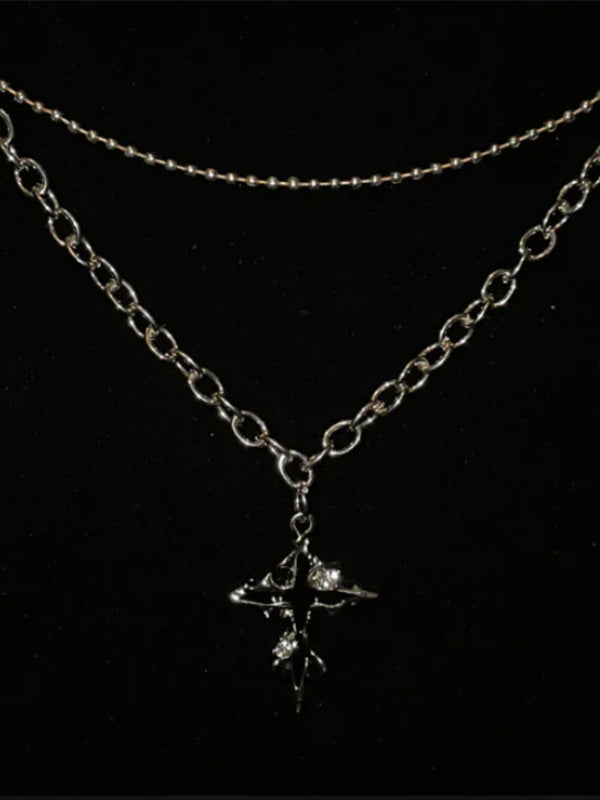 Y2K necklace with dripping cross pendant in oxidized steel and cyberpunk chain links