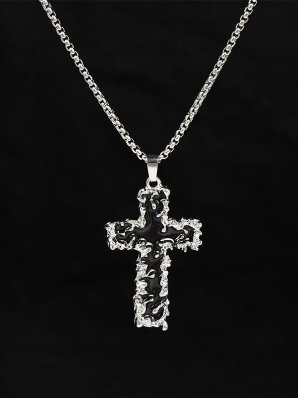 Y2K chrome cross necklace with heart-shaped inverted cross pendant and mirror-finish chains